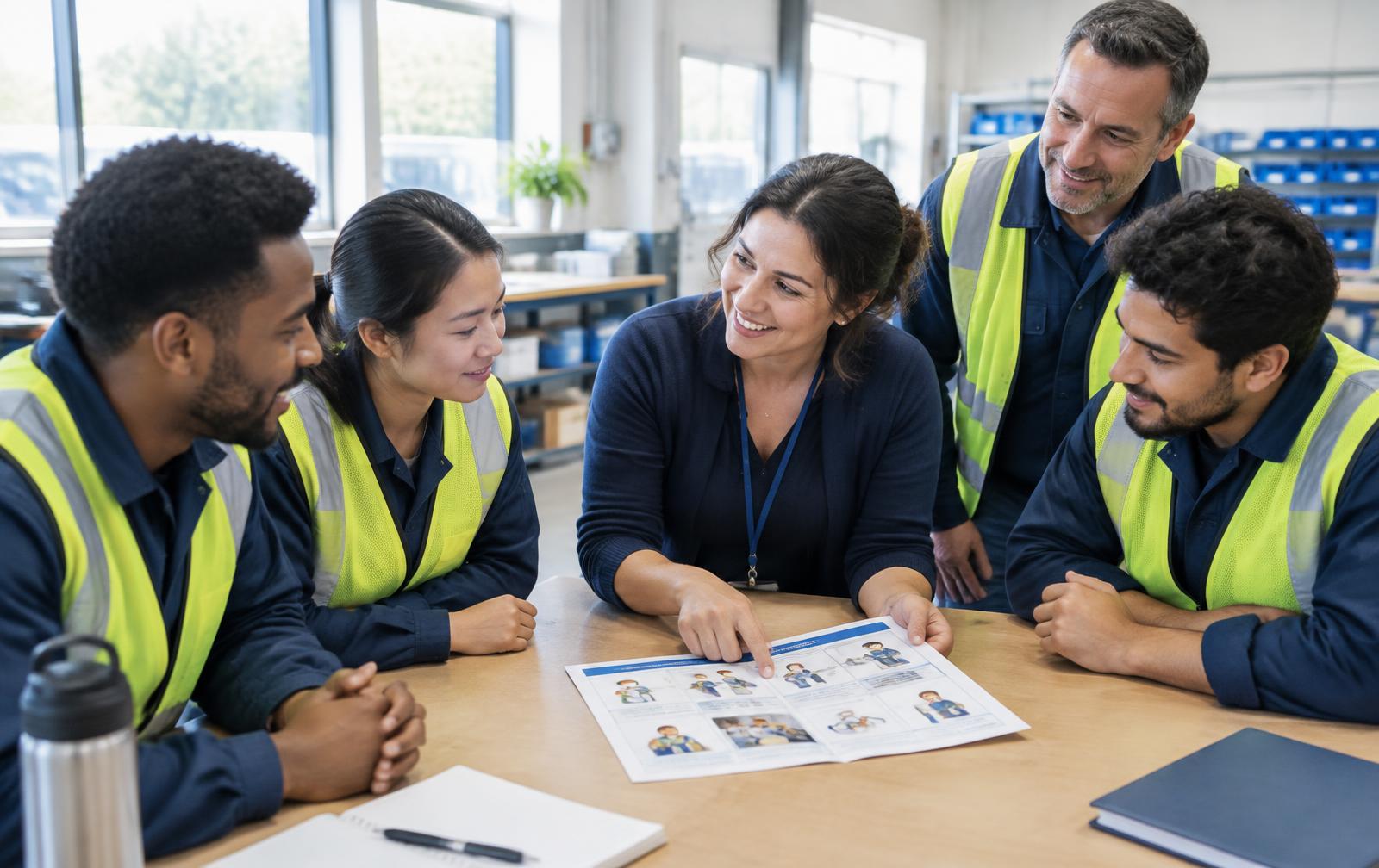 A language coach helping a diverse workplace team communicate clearly